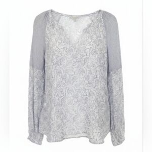 Lucky Brand Blue Floral Stripe Boho Peasant Blouse Medium Cottagecore